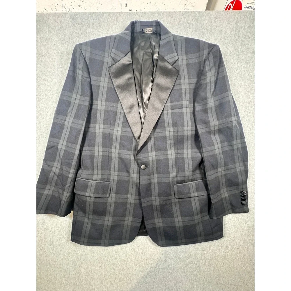 Jos A Bank Mens Plaid Tuxedo Jacket Black Satin Lapel Formal Blazer Wool Blend